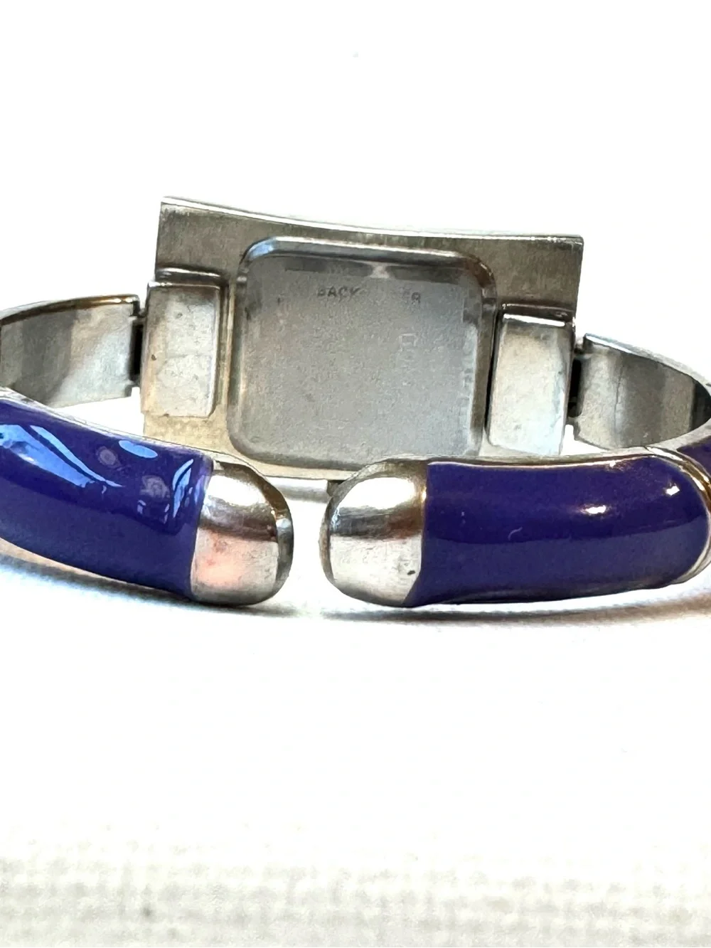 Vintage Vellacio Mother Of Pearl Cuff Watch Women's Bamboo Look Silver Purple